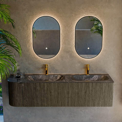 Mondiaz KURVE-DLUX Ensemble de meuble salle de bain - 165x46x40cm - 2 tiroirs - 1 porte - lavabo en solid surface - double / droite - 2 trous de robinet - Shadow