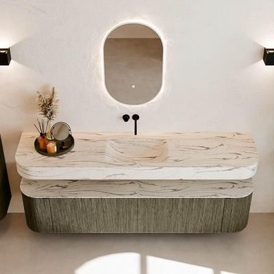 MONDIAZ THOR-DLUX 190cm meuble de salle de bains arrondi gauche + droite couleur Shadow avec 2 tiroirs et 2 portes. Vasque suspendue CLOUD Milieu sans trou de robinet couleur Nata.