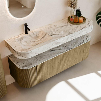 MONDIAZ THOR-DLUX 150cm meuble de salle de bains arrondi gauche + droite couleur Dusk avec 1 tiroir et 2 portes. Vasque suspendue CLOUD Gauche 1 trou de robinet couleur Glace.