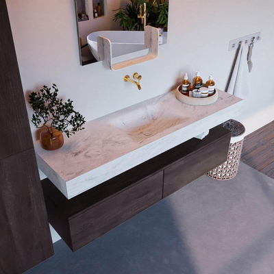 Mondiaz ALAN-DLUX Ensemble de meuble de salle de bain - 100x46cm - 2 tiroirs - vasque suspendue - sans trous de robinetterie - 2 au centre - Dark Brown (chêne foncé)