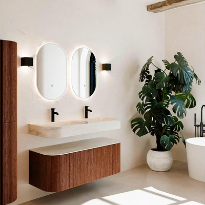 MONDIAZ THOR-DLUX Meuble de salle de bains 120cm arrondi gauche + droite couleur Ruby avec 1 tiroir et 2 portes. Vasque suspendue CLOUD Double 2 trous de robinet couleur Meli.