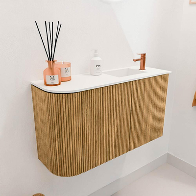 Mondiaz JOYA 71.6cm toiletmeubel - ronding links kleur Oak - Wastafel FAYE positie Rechts 1 kraangat kleur Talc.