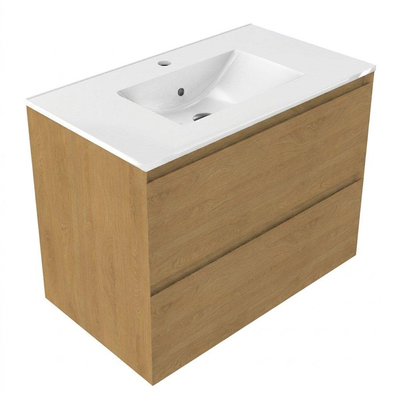 Saniclass Holz Pure Ensemble meuble de salle de bains - 80x45x62cm - Lavabo en céramique Vygo blanc - 1 vasque - 1 trou de robinetterie - 2 tiroirs - chêne natural mat (bois)