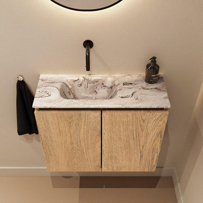 MONDIAZ TURE-DLUX Meuble WC 60cm Washed Oak. Lavabo EDEN Glace position gauche. Sans trou de robinet.