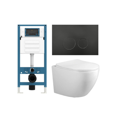 Adema Salina 2.0 Ensemble WC - 48.5x36x32cm - évacuation profonde - sans rebord de rinçage - réservoir encastré QeramiQ - softclose - déclipsage rapide - abattant de WC - plaque de commande en matière synthétique noire mate - boutons ronds - blanc