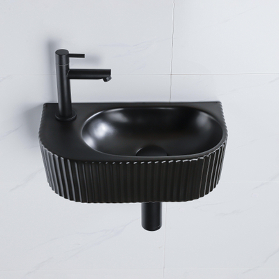 QeramiQ Fuente Ensemble de lavabo - 40x21.5x12cm - gauche - rainuré - demi-rond - 1 trou de robinet - céramique - robinet de lavabo noir mat - bonde - siphon abaissé - noir mat