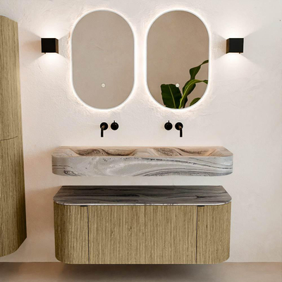 MONDIAZ THOR-DLUX 120cm meuble de salle de bains arrondi gauche + droite couleur Dusk avec 1 tiroir et 2 portes. Vasque suspendue CLOUD Double sans trou de robinet couleur Sombra.