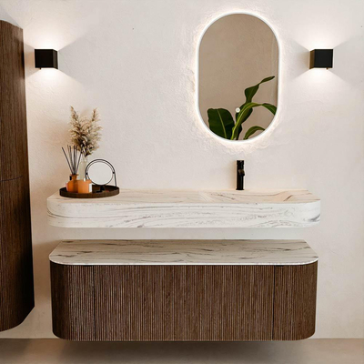 MONDIAZ THOR-DLUX 140cm badmeubel ronding links + rechts kleur Walnut met 1 lade en 2 deuren. Vrijhangende wastafel CLOUD Rechts 1 kraangat kleur Nata.