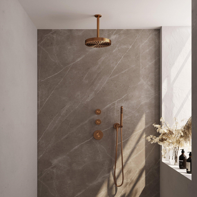 BRAUER Stripe Thermostatische Inbouw Regendouche - SET 03 - 25cm douchekop - plafondarm - staaf handdouche - doucheslang - wandaansluitbocht - koper geborsteld PVD