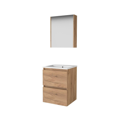 Basic-Line Comfort 46 ensemble de meubles de salle de bain 50x46cm sans poignée 2 tiroirs lavabo en porcelaine 1 trou de robinet armoire de toilette mfc whisky oak