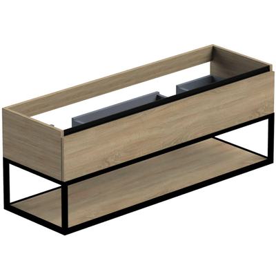Thebalux meuble-bas type1 140cm 1x tiroir sans poignée 1x bande de préhension alu noir mat avec cadre noir mat et 1x insertion 2x découpe pour lavabos Epic Slimline Froggio Cube Quadro et Glacier y compris ensemble siphon blanc