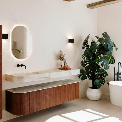 MONDIAZ THOR-DLUX Meuble de salle de bains - 180cm - arrondi gauche + droite - couleur Ruby - 2 tiroirs - 2 portes - Vasque suspendue CLOUD Gauche sans trou de robinet - couleur Frappe