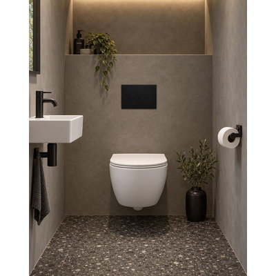 QeramiQ Dely Swirl Compact Ensemble WC - réservoir encastré QeramiQ flush - abattant fin - plaque de commande métallique noir mat - boutons ronds - blanc mat