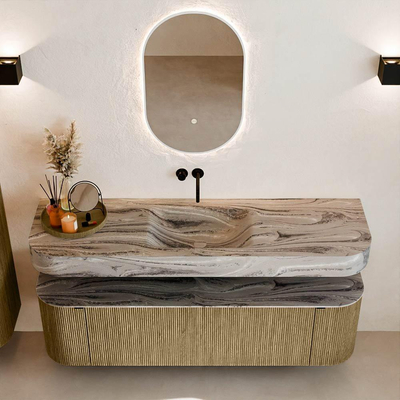 MONDIAZ THOR-DLUX 160cm meuble de salle de bains arrondi gauche + droite couleur Dusk avec 1 tiroir et 2 portes. Vasque suspendue CLOUD Milieu sans trou de robinet couleur Sombra.