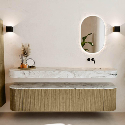 MONDIAZ THOR-DLUX Meuble de salle de bains - 190cm - arrondi gauche + droite - couleur Dusk - 2 tiroirs et 2 portes - Vasque suspendue CLOUD Droite sans trou de robinet - couleur Glace