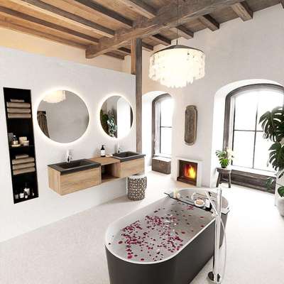 MONDIAZ BUKLA 160cm meuble de salle de bain avec module ouvert 40 couleur Chêne blanchi avec 2 tiroirs. Lavabo CLOUD double 2 trous de robinet couleur Urbain.