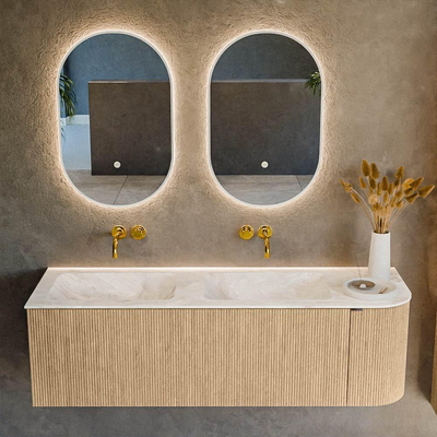 MONDIAZ KURVE-DLUX meuble de salle de bains 145cm avec module 25 R couleur chêne avec 1 tiroir et 1 porte. Lavabo LEAF double / gauche sans trou de robinet couleur Frappe.