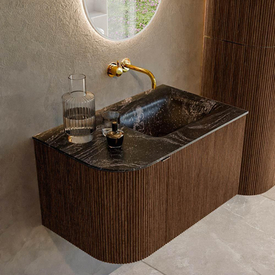 MONDIAZ KURVE-DLUX 75cm Meuble salle de bain avec module 25 G - couleur Walnut - 1 tiroir - 1 porte - vasque GRUNNE droite - sans trou de robinet - couleur Lava