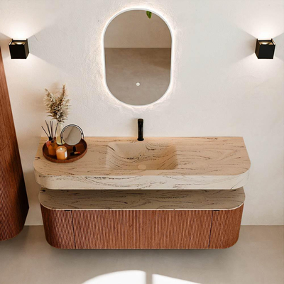 MONDIAZ THOR-DLUX 150cm meuble de salle de bains arrondi gauche + droite couleur Ruby avec 1 tiroir et 2 portes. Vasque suspendue CLOUD Milieu 1 trou de robinet couleur Arena.