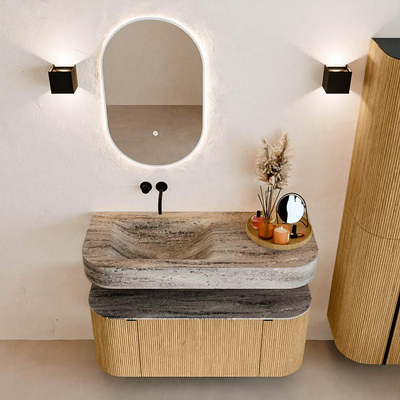 MONDIAZ THOR-DLUX 110cm badmeubel ronding links + rechts kleur Oak met 1 lade en 2 deuren. Vrijhangende wastafel CLOUD Links zonder kraangat kleur Oza.