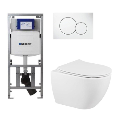 QeramiQ Fortune toiletset met Geberit inbouwreservoir, witte bedieningsplaat en toilet met zitting glans wit