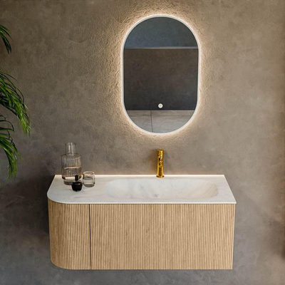 MONDIAZ KURVE-DLUX 105cm Meuble salle de bain avec module 25 G - couleur Oak - 1 tiroir - 1 porte - vasque BIG SMALL droite - 1 trou de robinet - couleur Opalo