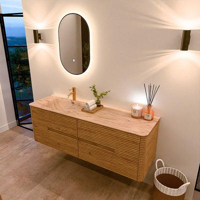 Mondiaz CIRO-DLUX Meuble de salle de bains - 150x45x50cm - Plan vasque solid surface Arena - 1 vasque à gauche - 1 trou de robinet - 4 tiroirs - Chêne