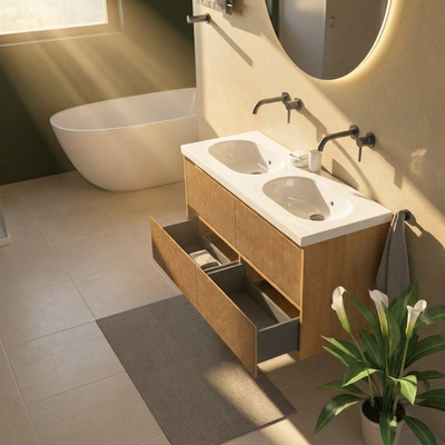 Saniclass Holz Atelier Ensemble de meubles de salle de bains - 120x45x63.5cm - lavabo Palermo en céramique blanc - 2 vasques - sans trous de robinet - 2 tiroirs - chêne naturel mat (bois)