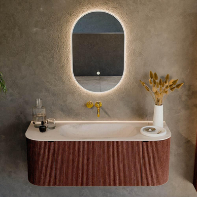MONDIAZ KURVE-DLUX 120cm badmeubel ronding Links + Rechts kleur Ruby met 1 lade en 2 deuren. Wastafel BIG SMALL Midden zonder kraangat Meli.