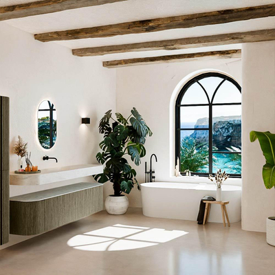 MONDIAZ THOR-DLUX Meuble de salle de bains 190cm arrondi gauche + droite couleur Shadow avec 2 tiroirs et 2 portes. Vasque suspendue CLOUD Centre sans trou de robinet couleur Opalo.