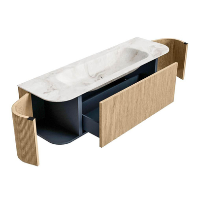 MONDIAZ KURVE-DLUX meuble de salle de bains 150 cm avec module 25 Len R couleur chêne avec 1 tiroir et 2 portes. Lavabo BIG MEDIUM centré 1 trou de robinet couleur Frappe.
