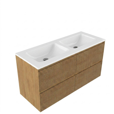 Saniclass Holz Atelier Ensemble meuble de salle de bains - 120x45x77.5cm - Lavabo Torino en solid surface blanc - sans trou de robinet - 2 tiroirs - chêne natural mat (bois)
