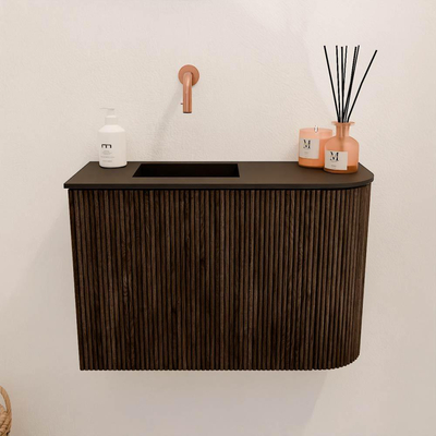 Mondiaz JOYA 61.6cm toiletmeubel - ronding rechts kleur Walnut - Wastafel FAYE positie Links Zonder kraangat kleur Urban.