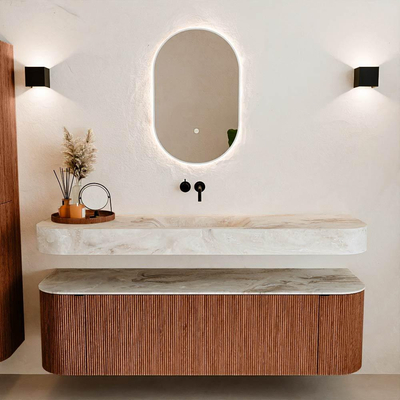 MONDIAZ THOR-DLUX Meuble de salle de bains - 160cm - arrondi gauche + droite - couleur Ruby - 1 tiroir - 2 portes - Vasque suspendue CLOUD Milieu sans trou de robinet - couleur Frappe