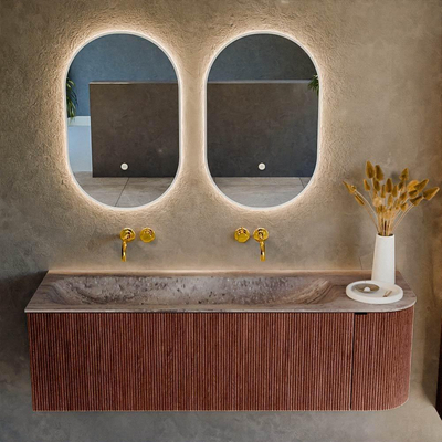 MONDIAZ KURVE-DLUX 145cm badmeubel ronding Rechts kleur Ruby met 1 lade en 1 deur. Wastafel BIG LARGE Links zonder kraangat Oza.