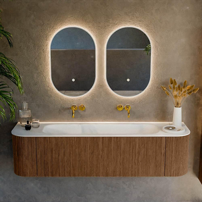 MONDIAZ KURVE 170cm Meuble salle de bain avec module 25 G et D - couleur Walnut - 1 tiroir - 2 portes - vasque BIG LARGE centre - sans trous de robinet - Talc