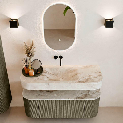 MONDIAZ THOR-DLUX 120cm meuble de salle de bains arrondi gauche + droite couleur Shadow avec 1 tiroir et 2 portes. Vasque suspendue CLOUD Milieu sans trou de robinet couleur Frappe.