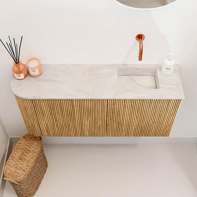 Mondiaz JOYA-DLUX Meuble de toilette 91,6cm - arrondi gauche couleur Chêne - Vasque FAYE position Droite Sans trou de robinet couleur Ostra