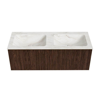MONDIAZ KURVE-DLUX Meuble de salle de bains 120 cm couleur Walnut avec 1 tiroir. Vasque LEAF double 2 trous de robinetterie couleur Ostra.