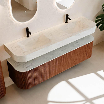 MONDIAZ THOR-DLUX 170cm meuble de salle de bains arrondi gauche + droite couleur Ruby avec 1 tiroir et 2 portes. Vasque suspendue CLOUD Double 2 trous de robinet couleur Opalo.