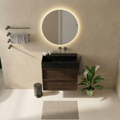 Saniclass Holz Frame Ensemble de meubles de salle de bains - 80x45x72cm - vasque Legend en céramique noir mat - 1 vasque - sans trou de robinet - 2 tiroirs - chêne charcoal mat (bois)