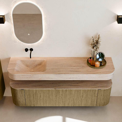 MONDIAZ THOR-DLUX Meuble de salle de bains - 170cm - arrondi gauche + droite - couleur Dusk - 1 tiroir - 2 portes - Vasque suspendue CLOUD Gauche sans trou de robinet - couleur Saba