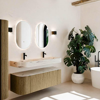 MONDIAZ THOR-DLUX 140cm meuble de salle de bains arrondi gauche + droite couleur Dusk avec 1 tiroir et 2 portes. Vasque suspendue CLOUD Double 2 trous de robinet couleur Nata.