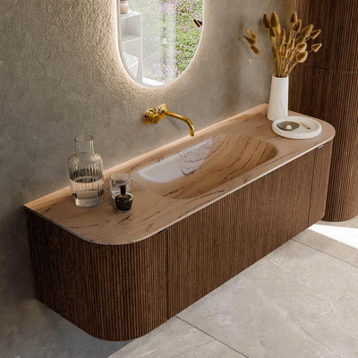 MONDIAZ KURVE-DLUX Meuble de salle de bains 140cm arrondi Gauche + Droite couleur Walnut avec 1 tiroir et 2 portes. Lavabo BIG SMALL Milieu sans trou de robinet Arena.