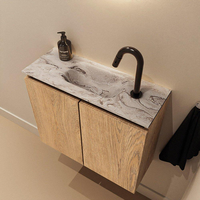 MONDIAZ TURE-DLUX meuble de toilettes 60 cm Washed Oak. EDEN lavabo Glace position milieu. Avec 1 trou de robinet.