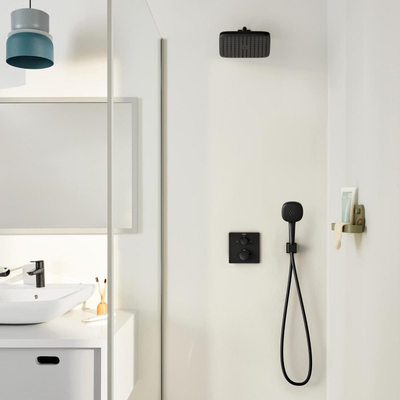 Grohe Precision Ensemble de douche complet - douchette de 11 cm - 2 types de jets - tête de douche 25 cm - mitigeur de douche encastré thermostatique - carré - avec inverseur - noir mat.