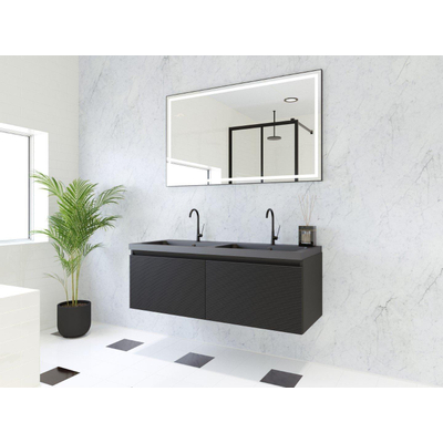 HR Matrix ensemble meuble de salle de bain 3d 120cm 2 tiroirs sans poignée avec bandeau couleur noir mat avec vasque djazz double 2 trous de robinetterie noir mat