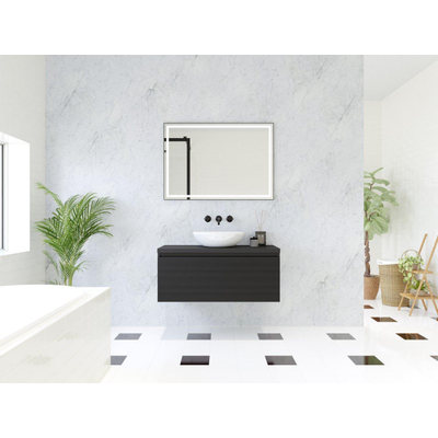 HR Matrix ensemble de meubles de salle de bain 3d 100cm 1 tiroir sans poignée avec bandeau couleur noir mat avec dessus noir mat