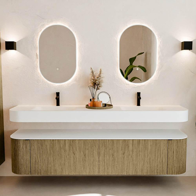 MONDIAZ THOR 200cm meuble de salle de bains arrondi gauche + droite couleur Dusk avec 2 tiroirs et 2 portes. Vasque suspendue CLOUD Double 2 trous de robinet couleur Talc.