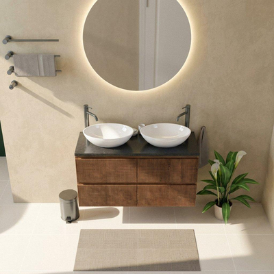 Saniclass Holz Atelier Ensemble meuble de salle de bains - 120x45x63cm - Plan vasque en basalte Noche poli (noir) - 2 trous de robinet - 2 tiroirs - walnut pure mat (bois)